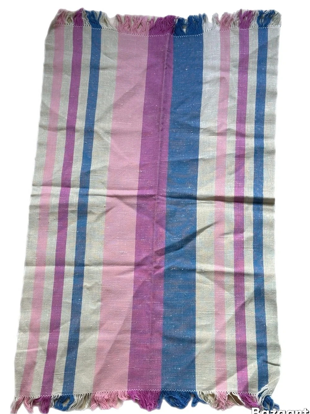 Vintage Linen Kitchen Dish Hand Towel Beige Pink Blue Purple Stripes Fringe 25